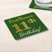 Groen, Faux Gold 11th Birthday + aangepaste naam Kartonnen Onderzetters (Schuin)