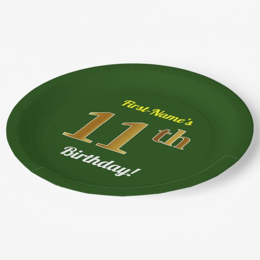Groen, Faux Gold 11th Birthday + aangepaste naam Papieren Bordje (Gekanteld)