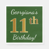 Groen, Faux Gold 11th Birthday + aangepaste naam Servetten (Voorkant)