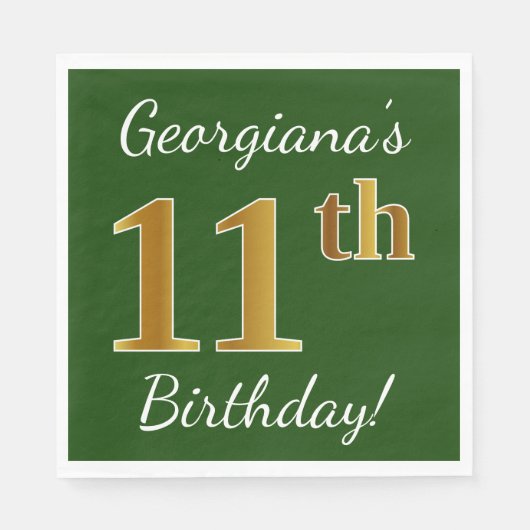 Groen, Faux Gold 11th Birthday + aangepaste naam Servetten (Voorkant)