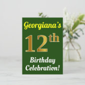 Groen, Faux Gold 12e verjaardag viering + naam Kaart (Staand voorkant)