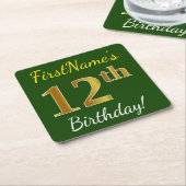 Groen, Faux Gold 12th Birthday + Eigen naam Kartonnen Onderzetters (Schuin)