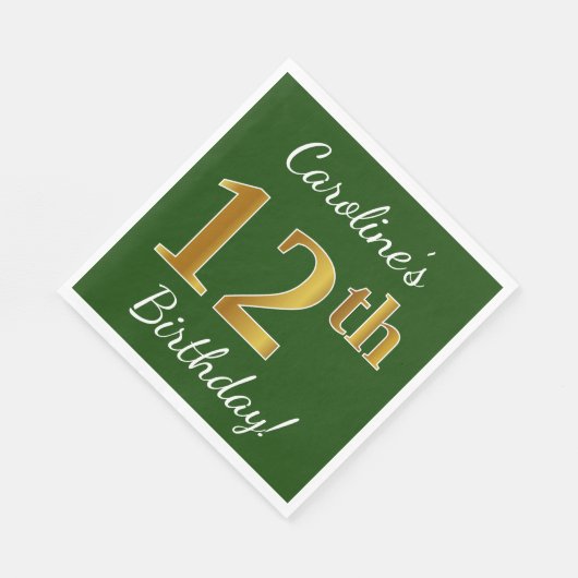 Groen, Faux Gold 12th Birthday + Eigen naam Servet (Hoek)