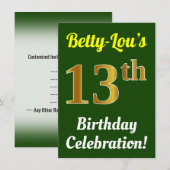 Groen, Faux Gold 13e verjaardag viering + naam Kaart (Voorkant / Achterkant)