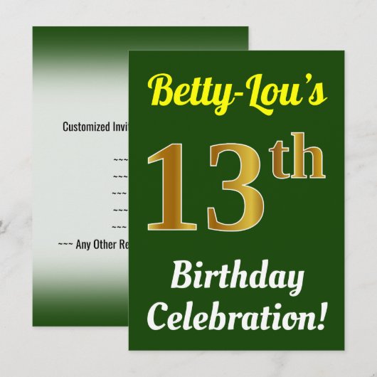 Groen, Faux Gold 13e verjaardag viering + naam Kaart (Voorkant / Achterkant)
