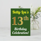 Groen, Faux Gold 13e verjaardag viering + naam Kaart (Staand voorkant)