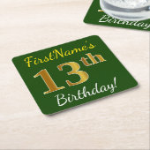 Groen, Faux Gold 13th Birthday + Eigen naam Kartonnen Onderzetters (Schuin)