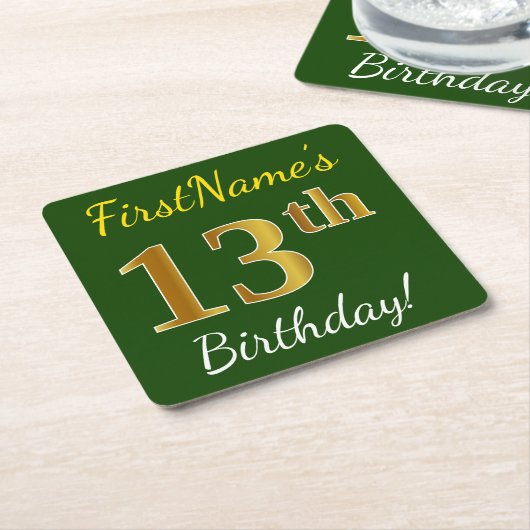 Groen, Faux Gold 13th Birthday + Eigen naam Kartonnen Onderzetters (Schuin)