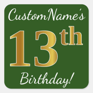 Groen, Faux Gold 13th Birthday + Eigen naam Vierkante Sticker