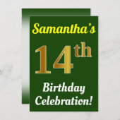 Groen, Faux Gold 14e verjaardag viering + Naam Kaart (Voorkant / Achterkant)