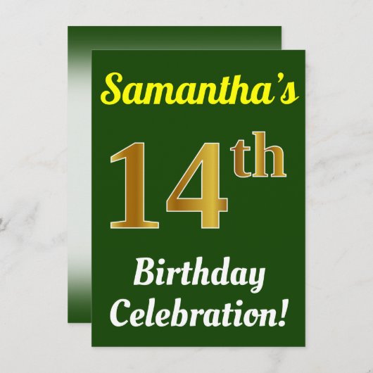 Groen, Faux Gold 14e verjaardag viering + Naam Kaart (Voorkant / Achterkant)