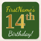Groen, Faux Gold 14th Birthday + Eigen naam Kartonnen Onderzetters (Voorkant)