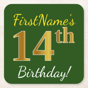 Groen, Faux Gold 14th Birthday + Eigen naam Kartonnen Onderzetters