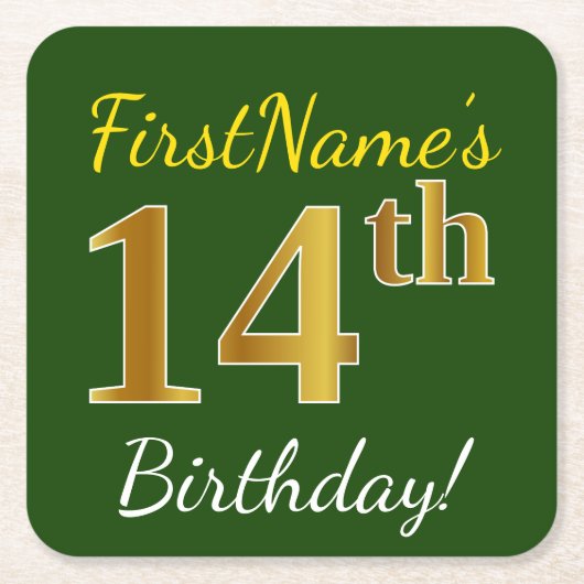 Groen, Faux Gold 14th Birthday + Eigen naam Kartonnen Onderzetters (Voorkant)