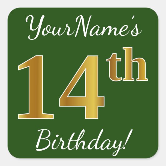 Groen, Faux Gold 14th Birthday + Eigen naam Vierkante Sticker (Voorkant)