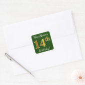 Groen, Faux Gold 14th Birthday + Eigen naam Vierkante Sticker (Envelop)