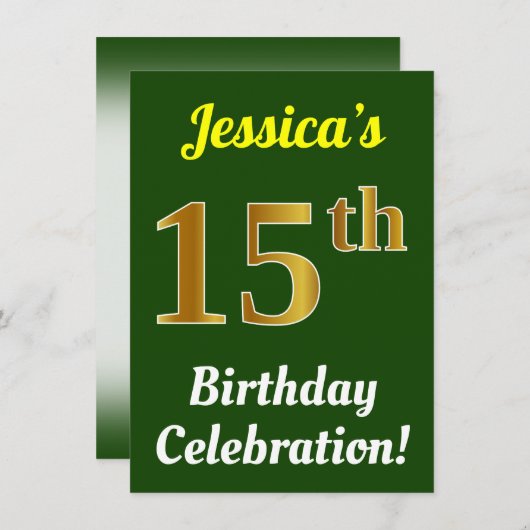 Groen, Faux Gold 15e verjaardag viering + naam Kaart (Voorkant / Achterkant)