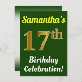 Groen, Faux Gold 17e verjaardag viering + naam Kaart (Voorkant / Achterkant)