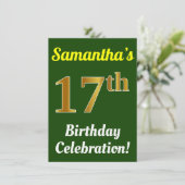 Groen, Faux Gold 17e verjaardag viering + naam Kaart (Staand voorkant)