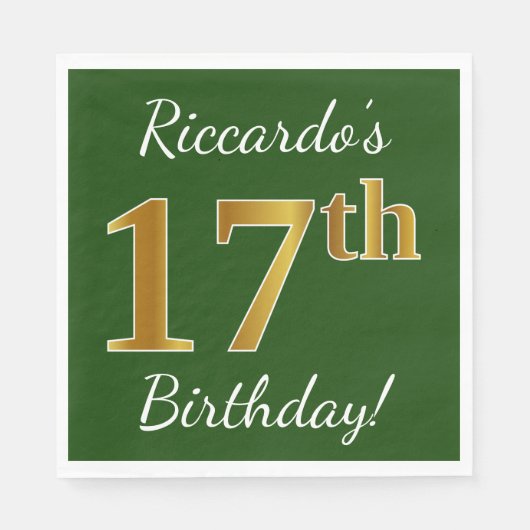 Groen, Faux Gold 17th Birthday + Eigen naam Servetten (Voorkant)