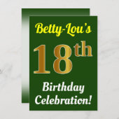 Groen, Faux Gold 18e verjaardag + Naam Kaart (Voorkant / Achterkant)