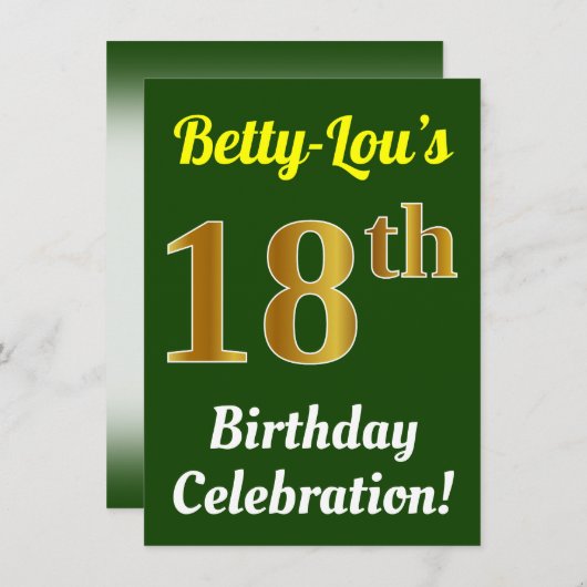 Groen, Faux Gold 18e verjaardag + Naam Kaart (Voorkant / Achterkant)