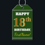 Groen, Faux Gold 18th Birthday   Eigen naam Cadeaulabel<br><div class="desc">Dit label voor verjaardagsgeschenk bevat een bericht als "HAPPY 18th BIRTHDAY, FirstName!", waarin de naam gepersonaliseerd kan worden en waarbij het getal "18th" een faux/imitatie gouden kleurweergave heeft. De voorzijde heeft ook een groene gekleurde achtergrond. Op de achterzijde staat een lijn "Van:". Een cadeautje voor de geboorte kan misschien gebruikt...</div>