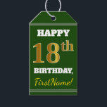 Groen, Faux Gold 18th Birthday   Eigen naam Cadeaulabel<br><div class="desc">Dit label voor verjaardagsgeschenk bevat een bericht als "HAPPY 18th BIRTHDAY, FirstName!", waarin de naam gepersonaliseerd kan worden en waarbij het getal "18th" een faux/imitatie gouden kleurweergave heeft. De voorzijde heeft ook een groene gekleurde achtergrond. Op de achterzijde staat een lijn "Van:". Een cadeautje voor de geboorte kan misschien gebruikt...</div>