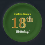 Groen, Faux Gold 18th Birthday   Eigen naam Papieren Bordje<br><div class="desc">Dit eenvoudige, aangepaste, verjaardags-thema papieren bord ontwerp heeft een aanpasbare boodschap zoals "Custom-Name's 18th Birthday!", waar de naam kan worden gewijzigd, en met de "18th" met een faux / imitatie gouden-achtige uitstraling. Het heeft ook een groen gekleurde achtergrond. Papieren borden als deze kunnen misschien gebruikt worden op een feestje om...</div>