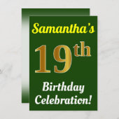 Groen, Faux Gold 19e verjaardag viering + naam Kaart (Voorkant / Achterkant)