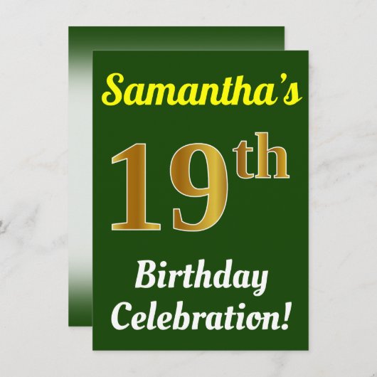 Groen, Faux Gold 19e verjaardag viering + naam Kaart (Voorkant / Achterkant)