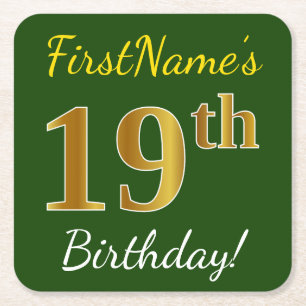 Groen, Faux Gold 19th Birthday + Eigen naam Kartonnen Onderzetters
