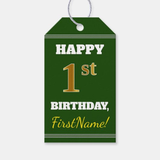 Groen, Faux Gold 1st Birthday + aangepaste naam Cadeaulabel (Voorkant)