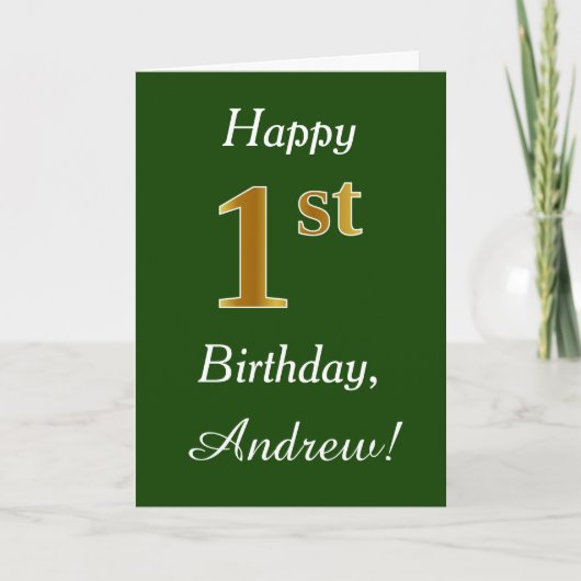 Groen, Faux Gold 1st Birthday + aangepaste naam Kaart (Voorkant)