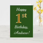Groen, Faux Gold 1st Birthday + aangepaste naam Kaart (Gele Bloem)