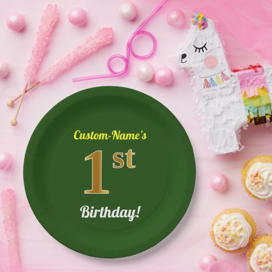 Groen, Faux Gold 1st Birthday + aangepaste naam Papieren Bordje (Feest)