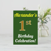 Groen Faux Gold 1st Birthday Celebration + naam Kaart (Staand voorkant)