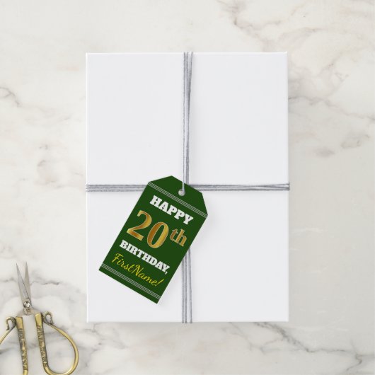 Groen, Faux Gold 20th Birthday + aangepaste naam Cadeaulabel (Met Touw)