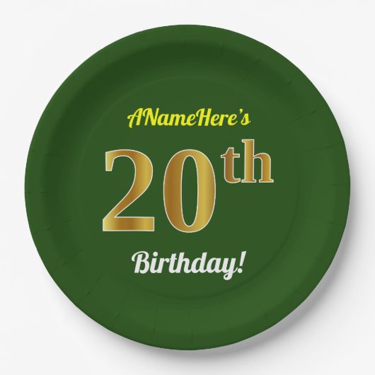 Groen, Faux Gold 20th Birthday + aangepaste naam Papieren Bordje (Voorkant)