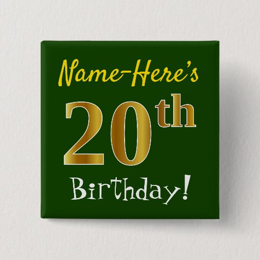 Groen Faux Gold 20th Birthday, met aangepaste naam Vierkante Button 5,1 Cm (Voorkant)