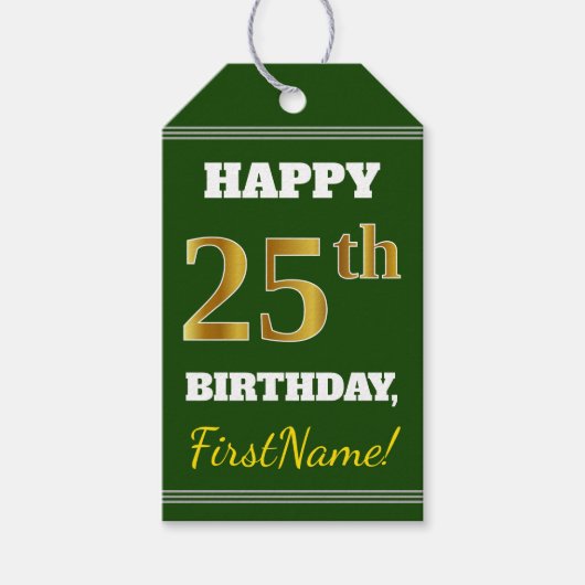 Groen, Faux Gold 25th Birthday + Eigen naam Cadeaulabel (Voorkant)