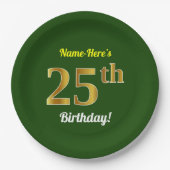 Groen, Faux Gold 25th Birthday + Eigen naam Papieren Bordje (Voorkant)
