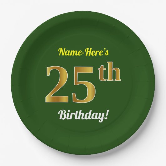 Groen, Faux Gold 25th Birthday + Eigen naam Papieren Bordje (Voorkant)