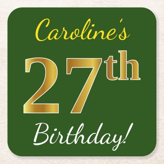 Groen, Faux Gold 27th Birthday + Eigen naam Kartonnen Onderzetters (Voorkant)