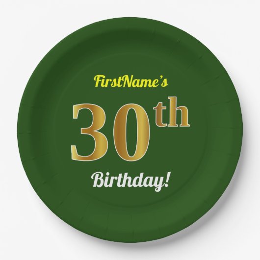 Groen, Faux Gold 30th Birthday + Aangepaste naam Papieren Bordje (Voorkant)