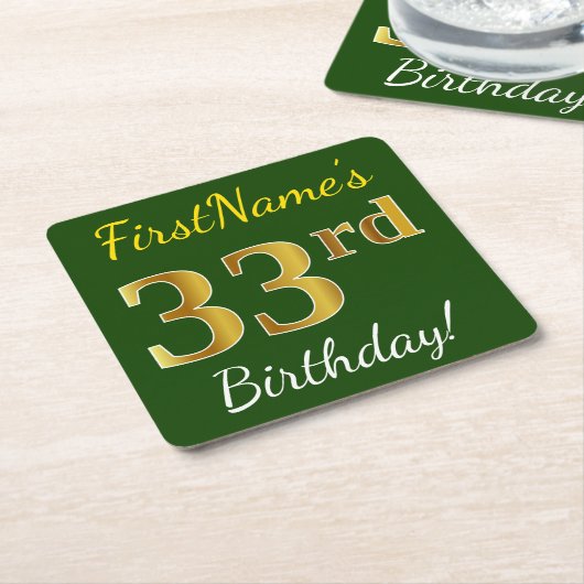 Groen, Faux Gold 33rd Birthday + Aangepaste naam Kartonnen Onderzetters (Schuin)
