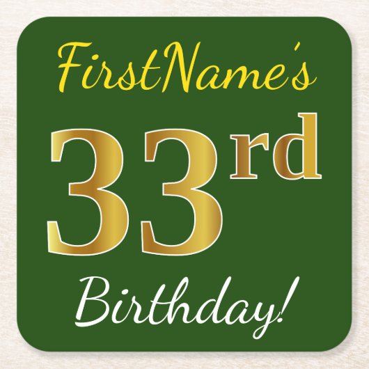 Groen, Faux Gold 33rd Birthday + Aangepaste naam Kartonnen Onderzetters (Voorkant)
