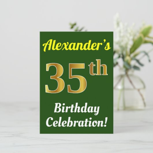 Groen, Faux Gold 35e verjaardag viering + naam Kaart (Staand voorkant)