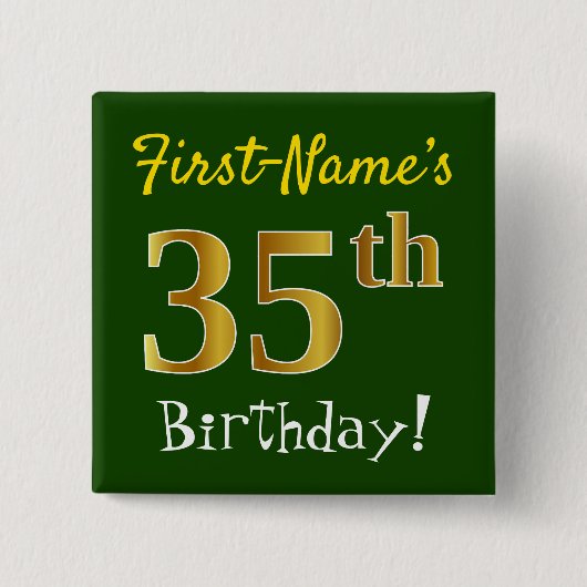Groen, Faux Gold 35th Birthday, met aangepaste naa Vierkante Button 5,1 Cm (Voorkant)