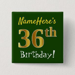 Groen, Faux Gold 36th Birthday, met aangepaste naa Vierkante Button 5,1 Cm